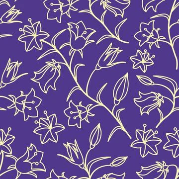A seamless pattern with the colors of bells. Light yellow contour on a purple Stock Illustration