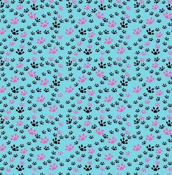 A seamless pattern with colourful dog paws on blue background 스톡 일러스트