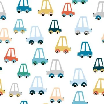 Seamless pattern with colourful hand drawn cartoon cars, vector illustration. Stock Illustration
