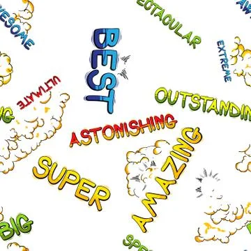 Seamless pattern with Comic book style words and explosion clouds. Stock Illustration