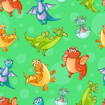 Seamless pattern with comic dragon characters Stock Illustration