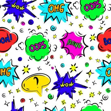 Seamless pattern comic speech bubble with text boom, oops, sound expression of Illustrazione stock