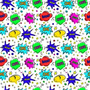 Seamless pattern comic speech bubble with text boom, oops, sound expression of Stock Illustration