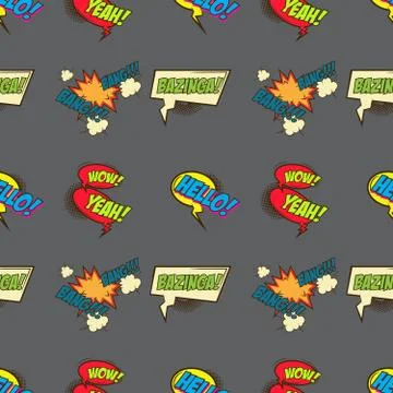 Seamless pattern from comic style phrases on colorful background Stock Illustration
