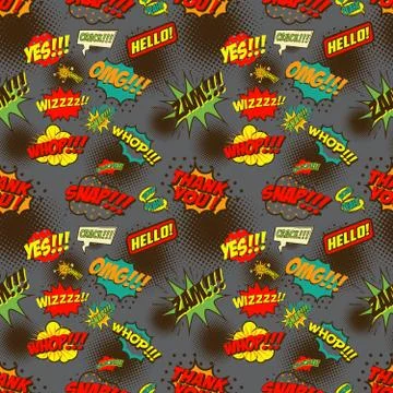 Seamless pattern with comic style phrases. Pop art style quotes. Stock Illustration