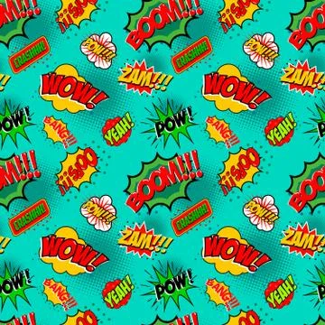 Seamless pattern with comic style phrases. Pop art style quotes. Stock Illustration