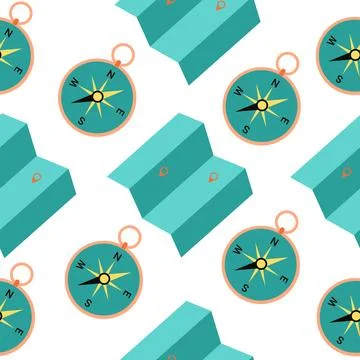 Seamless pattern of a compass icon and a traveler's map. Illustration in a .. Illustrazione stock