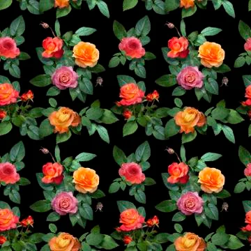 Seamless pattern composed of flowers and rose leaves. Illustrazione stock