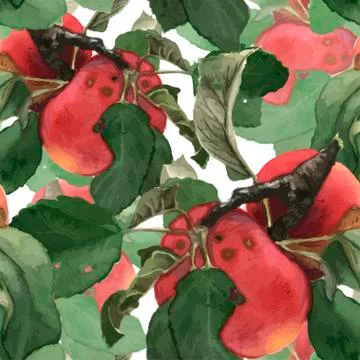 Seamless pattern composed of red watercolor alpples with leaves Stock Illustration