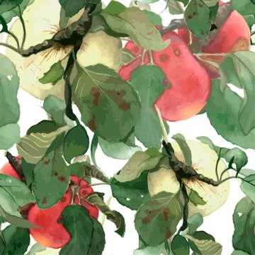 Seamless pattern composed of watercolor alpples with leaves Stock Illustration