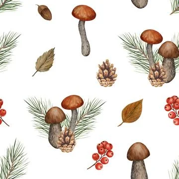 Seamless pattern with composition of edible mushrooms, pine branches and cones Stock Illustration