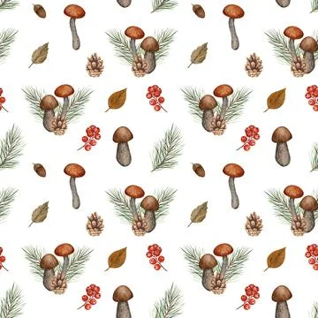 Seamless pattern with composition of edible mushrooms, pine branches and cones Illustrazione stock