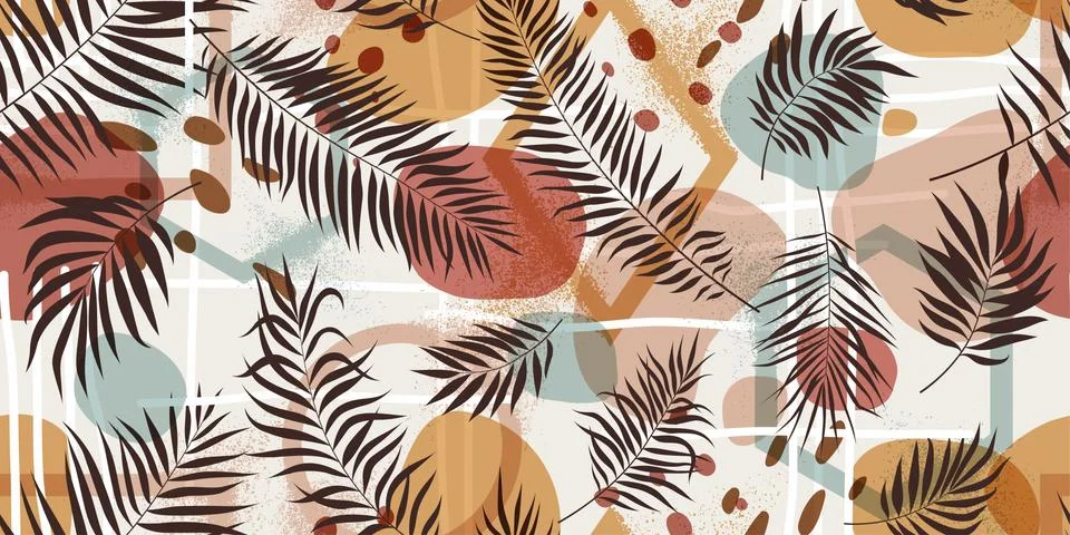 Seamless pattern compositions with geometric shapes and exotic tropical leave Stock Illustration