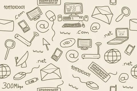 Seamless pattern with computer, internet and networking icons and symbols. In Stock Illustration