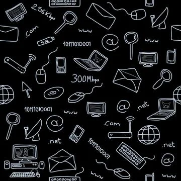 Seamless pattern with computer, internet and networking icons and symbols. In Stock Illustration