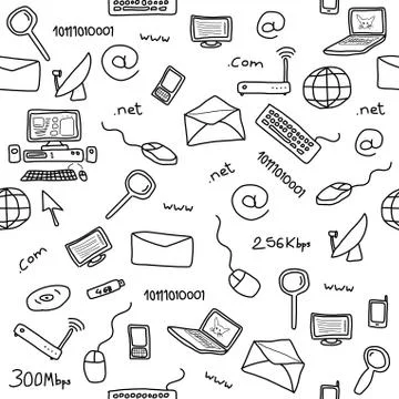 Seamless pattern with computer, internet and networking icons and symbols. In Stock Illustration
