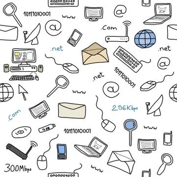 Seamless pattern with computer, internet and networking icons and symbols. In Stock Illustration