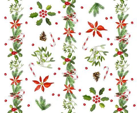 Seamless pattern with cone, fir branches, Holly, poinsettia, caramel cane Stock Illustration