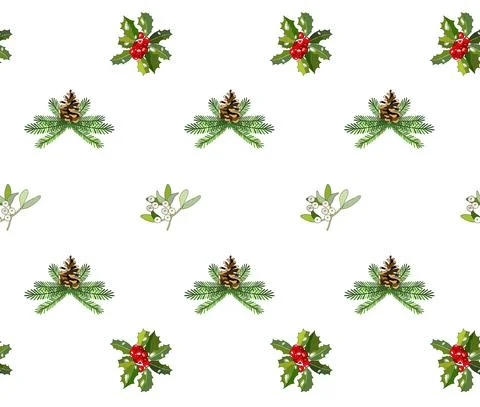 Seamless pattern with cone, fir branches, Holly, poinsettia, caramel cane, mi Stock Illustration
