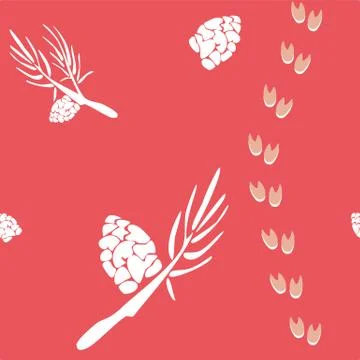 Seamless pattern with cones, pine branches and deer steps Stock Illustration