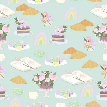 Seamless Pattern with Confection, Macarons and Flowers Illustrazione stock