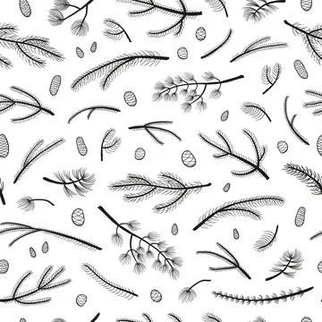 Seamless pattern with coniferous branches and cones. Stock Illustration