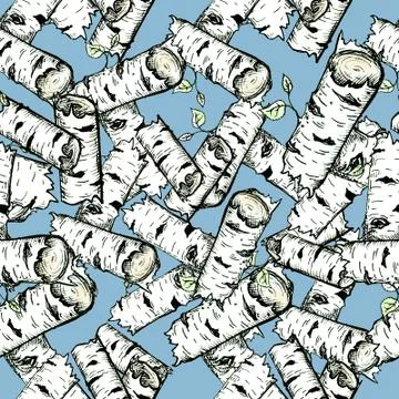 Seamless pattern consisting of drawn birch logs on a blue background. 库存插图