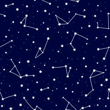 Seamless pattern with constellations and stars on dark background, galaxy themed 스톡 일러스트