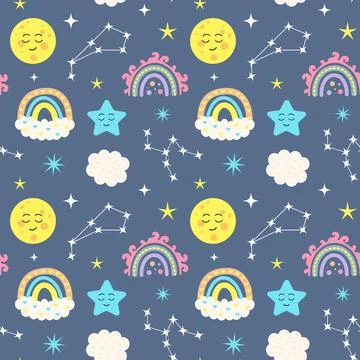 Seamless pattern with constellations, boho rainbows, clouds, kawaii moon Illustrazione stock