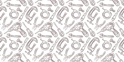 Seamless pattern of construction tool including drill, pliers, wrench, clamp and Stock Illustration