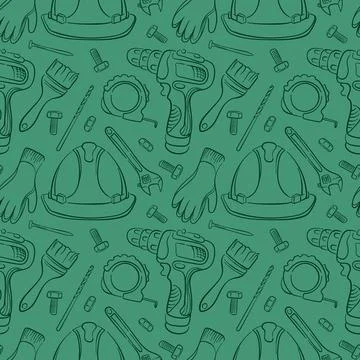 Seamless pattern of construction tool in line art style with drill, helmet Stock Illustration