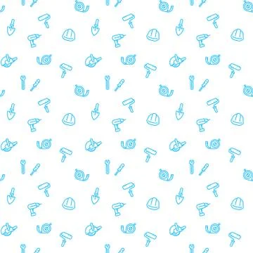 Seamless pattern with construction tools and equipment linear icons, blue ove Stock Illustration