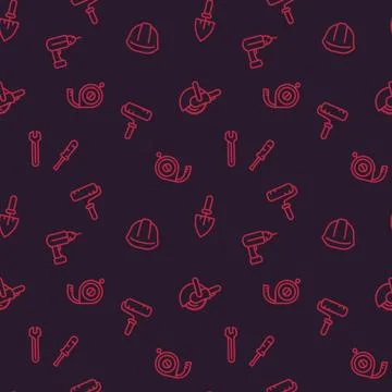Seamless pattern with construction tools and equipment linear icons, dark bac Illustrazione stock