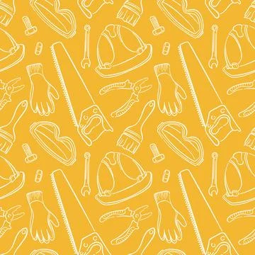 Seamless pattern with construction tools and safety equipment in line art style Illustrazione stock