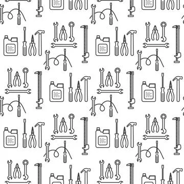 Seamless pattern of construction tools and containers in outline style for .. Stock Illustration