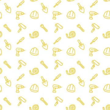Seamless pattern with construction tools icons, yellow over white Stock Illustration