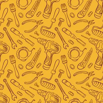 Seamless pattern with construction tools in line art style on yellow background Stock Illustration