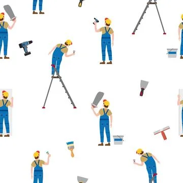 Seamless pattern construction workers uniforms repair on construction site Stock Illustration