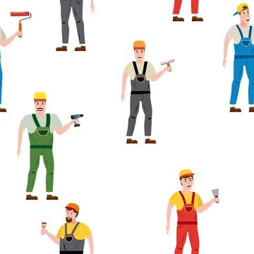 Seamless pattern construction workers uniforms repair on construction site Stock Illustration