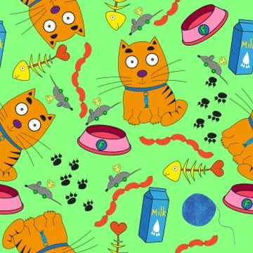 Seamless pattern containing a red kitten. 库存插图