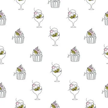 Seamless pattern with continuous line sweet desserts Stock Illustration
