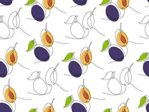 Seamless pattern with Continuous one line drawing plums. Organic simple icon Stock Illustration