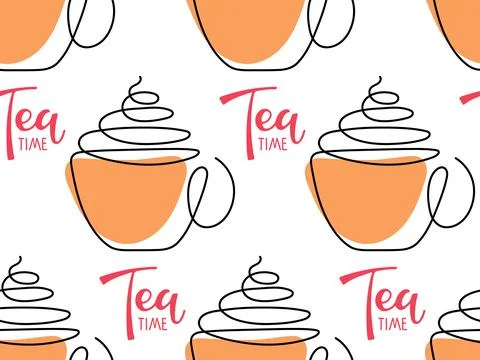 Seamless pattern with Continuous one line drawing with hot tea cup. Abstract 스톡 일러스트