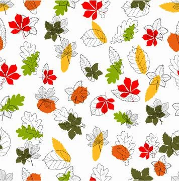 Seamless pattern with contour and colored leaves Stock Illustration