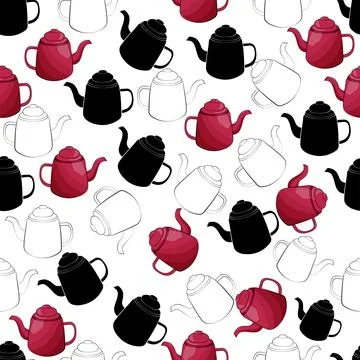 Seamless pattern of contour and colored teapots Stock Illustration