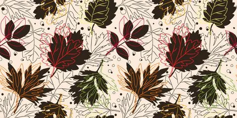 Seamless pattern with contour and silhouettes of autumn leaves Stock Illustration