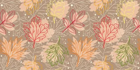 Seamless pattern with contour and silhouettes of autumn leaves Stock Illustration