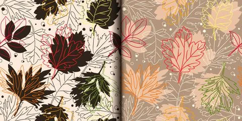 Seamless pattern with contour and silhouettes of autumn leaves Illustrazione stock