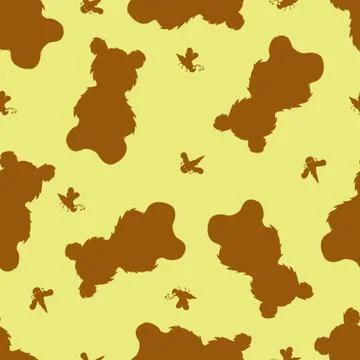 Seamless pattern with contour a bear that eats honey with a pot and bees 스톡 일러스트