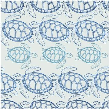 Seamless pattern contour big and small turtles swim on summer shower backgrou 스톡 일러스트